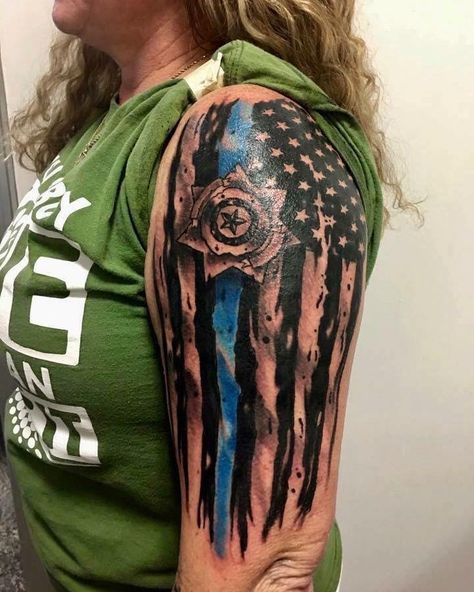 Blue Line Flag Tattoo, Police Tattoo Ideas, Law Tattoos, Cop Tattoos, Police Tattoos, Blue Line Tattoo, Bmth Tattoo, Badge Tattoo, Tattoo Planets