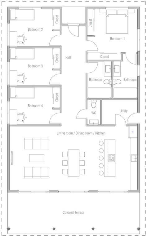 Four Bedroom House Plans, Rumah Moden, Simple Floor Plans, 5 Bedroom House Plans, Pelan Rumah, Modern Floor Plans, Affordable House Plans, 4 Bedroom House Plans, Small House Floor Plans