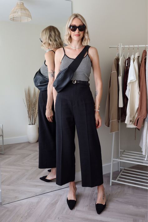 Summer Black Trousers Outfit, Black Linen Trousers Outfit, Trousers Outfit Night Out, Trousers Outfit Summer, Black Trousers Outfit, Black Summer Outfits, Manolo Blahnik Maysale, Summer Workwear, Black Linen Trousers