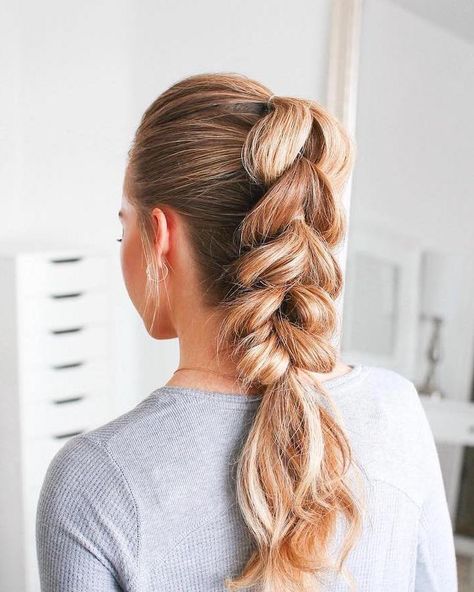 blonde-hair-grey-blouse-ponytail-braid-styles-for-girls-white-background Hairstyles Sports, Long Braided Hairstyles, Winter Wedding Hair, Pull Through Braid, Peinados Recogidos, Hairstyles Volleyball, Cool Braid Hairstyles, Pretty Braided Hairstyles, Sports Hairstyles