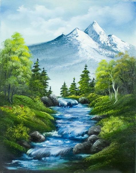 Waterfall Paintings, Scenery Paintings, Mountain Stream, Landscape Paintings Acrylic, Landscape Art Painting, Cat Air, 수채화 그림, Watercolor Landscape Paintings, Watercolor Trees