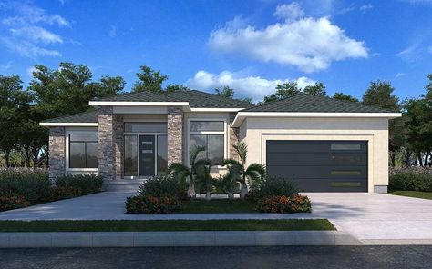 One Level House With Garage, Modern Homes Front View, Modern House Design 1 Story, Modern House Exterior 1 Floor, 1 Story Modern House Exterior, Modern Mediterranean House Plans, 2000 Sq Ft Modern House Plans, Modern House Exterior 1 Story, Small Modern Floor Plans