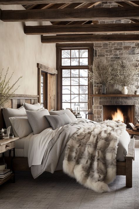 LINK IN BIO, check out our luxury home guide if you want your bedroom to be styled in this way, we help you to design a luxury home with different home decor ideas and inspiration for every aspect of your home!! Fur Comforter Bedroom Ideas, Luxury Chalet Bedroom, Mountain Chalet Interior Bedroom, Log Bed Bedroom Decor, Master Bedrooms Rustic, Lodge Bedroom Ideas, Ski Lodge Bedroom, Ski Condo Decor Interior Design, Mountain Bedroom Ideas