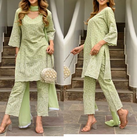 Straight Pants Design For Kurti, Cotton Chikankari Suit Designs, Kurta Pants For Women, Green Chikankari Kurta, Pants Design For Kurti, Straight Kurti Designs, Cotton Chikankari Kurta, Types Of Dresses Styles, Chikankari Kurta Set