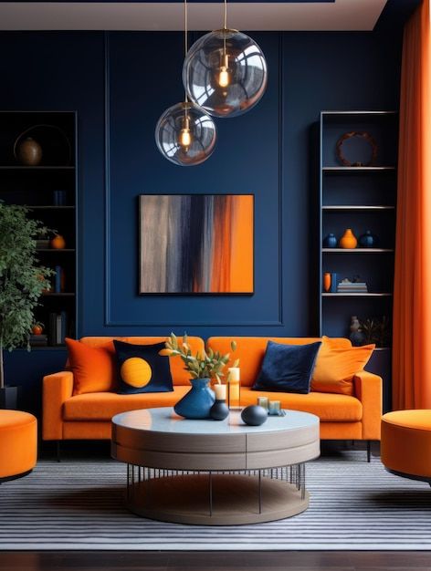 Premium Photo | Interior design of modern living room with dark blue walls and orange furniture Blue Walls Orange Sofa, Blue Orange Living Room Color Scheme, Orange Blue Interior, Blue Orange Room, Orange And Blue Room, Blue Orange Living Room, Modern Lounge Design, Orange And Blue Living Room, Red Blue Interior