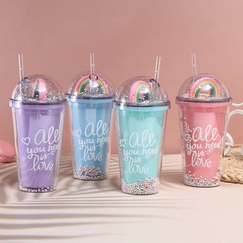 Rainbow Cover Plastic Cold Drink Cups Plastic Cups Design, Bff Cards, Rainbow Bubbles, Stationary Items, Straw Cup, Plastic Tumblers, Custom Tumbler, Cold Drink, Cup With Straw