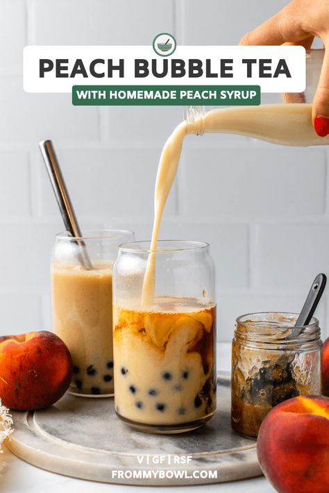 Learn how to make the best Peach Bubble Tea at home with homemade peach syrup! This refreshing drink is naturally sweetened, dairy-free, and vegan. Peach Bubble Tea, Cinnamoroll Cafe, Peach Milk Tea, Boba Party, Bubble Tea At Home, Milk Tea Recipe, Peach Tea Recipe, Summer Mocktail, Boba Tea Recipe