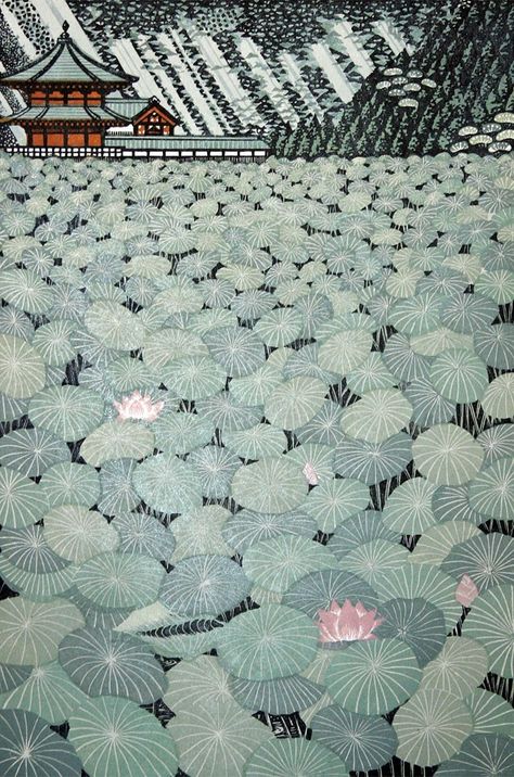 Ray Morimura. Lotus Pond. Woodblock Print. 2007. Art Chinois, Wood Block Printing, Art Japonais, Art Et Illustration, Japanese Woodblock Printing, Japanese Painting, Japan Art, Japanese Prints, Japanese Artists