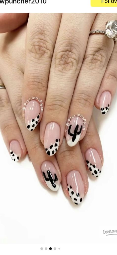 Cow And Cactus Nails, Rodeo Acrylic Nails, Short Cactus Nails, Texas Acrylic Nails, Boho Country Nails, Cactus Nails Simple, Short Nails Country, Cow Girl Nail Design, Natural Western Nails