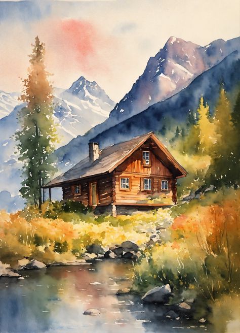 Mountain Cabin Painting, Hd Wallpaper Illustration, Alaska Painting, Switzerland Mountains, Abstract Art Projects, Watercolor Scenery, Cabin In The Mountains, Basic Painting, Wallpaper Illustration