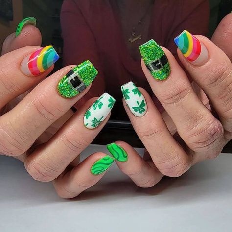 St Patricks Day Nails Gnome, St Patricks Day Nail Designs Simple, St Patricks Day Nails For Kids, St Patrick’s Day Nails Rainbow, Neon Green St Patricks Day Nails, Leprechaun Nail Designs, March Nail Designs St. Patrick's Day, Saint Patrick Nail Design, Nails Acrylic St Patricks