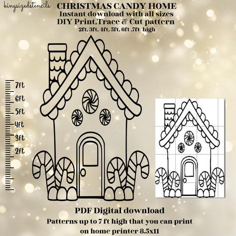 balloon mosaic, party backdrop, woodworking plan, porch decor, window art, easy DIY, wall decal, indoor/outdoor display, just print, trace and cut. so simple and cost effective. paint it , light it up or keep it simple. such a fun craft that the whole family can do together. be the house that everyone talks about and grab yours today. Christmas Candy House, Classroom Window Decorations, Painted Window Art, Diy Silhouette, Gingerbread House Template, Holiday Backdrop, Christmas Window Painting, Engineer Prints, Candy House