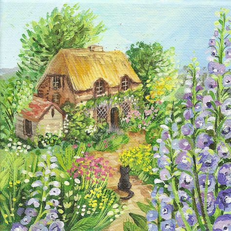 Judith Yates Delphinium Flowers, Library Designs, Picture Tiles, Summer Country, Folk Painting, Cottage Painting, Garden Illustration, Storybook Cottage, Painted Cottage