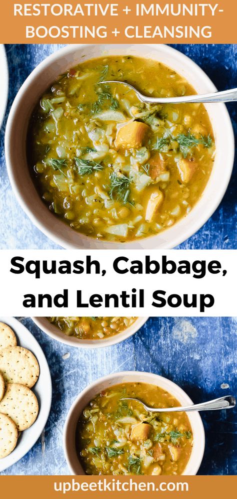 This easy, immunity-boosting lentil, cabbage, and squash soup is the perfect dish to enjoy after a period of indulgence or when you're feeling under the weather. It's hearty, nourishing, and restorative! Crockpot Vegan, Lentil Potato Soup, Paleo Soup, Lentil Soup Recipes, Feeling Under The Weather, Relaxing Time, Under The Weather, Vegan Soups, Lentil Recipes