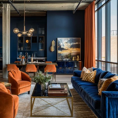 Orange And Blue Office Decor, Orange And Blue Office, Burnt Orange Dining Room, Burnt Orange Living Room Ideas, Orange And Blue Living Room, Orange Living Room Ideas, Blue Office Decor, Dental Reception, Orange Dining Room