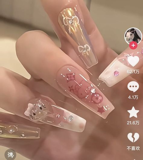 3d Hello Kitty Nail Art, Nail Art With Charms, Sanrio Charms Nails, Hello Kitty Nail Charm Nails, Butterfly Nail Charm Nails, Pink Nails With Butterfly Charm, Asian Nails, Chrome Nails Designs, Diy Acrylic Nails