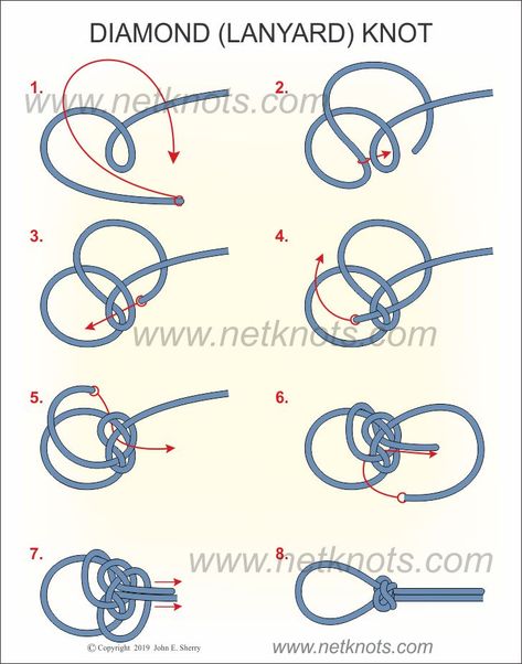 How to tie the Lanyard Knot animated and illustrated by NetKnots How To Tie A Lasso Knot, How To Tie Rope Hand Cuffs, Lanyard Knot Tutorials, Diamond Knot Tutorial, Knot Tying Instructions, Knot Tying Tutorial, Animated Knots, Lanyard Knot, How To Stay Warm