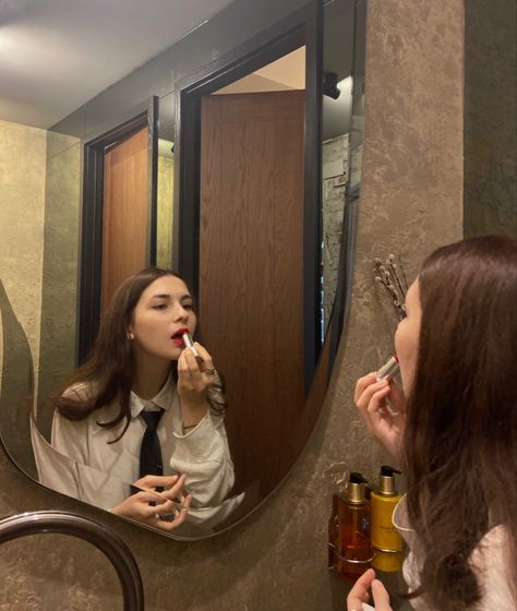 Someone Doing Makeup In Mirror, Person Doing Makeup In Mirror, Doing Makeup Aesthetic In Mirror, Girl Doing Makeup In Mirror, Mirror Selfie Art, Person Looking In Mirror Reference, Woman In The Mirror, Playful Makeup, Mirror Drawings