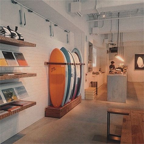 Surf Shop Interior, Surfboard Display, Surf Cafe, Surfboard Storage, Surf Store, Surf Rack, Surf Coffee, Surfboard Rack, Surf Room