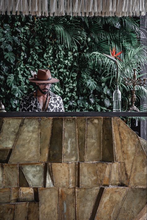 Reception desk, hand made, brass, artisan Nomad Tulum, Host Stand Design, Hotel Reception Desk, Organic Bar, Reception Entrance, Reception Desk Design, Healing Center, Timber Table, Hotel Reception