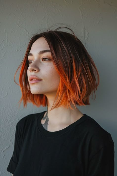 These 20 Razor Cut Bobs Are Pure Hair Goals Short Hair Sassy Styles, Hair With Orange Ends, Long Bob Alternative, Block Color Bangs, Edgy Bob Haircuts With Bangs, Edgy Long Bob Haircuts, Bob Alternative Hair, Alternative Shoulder Length Hair, Asymmetrical Bob Short Edgy Pixie Haircuts