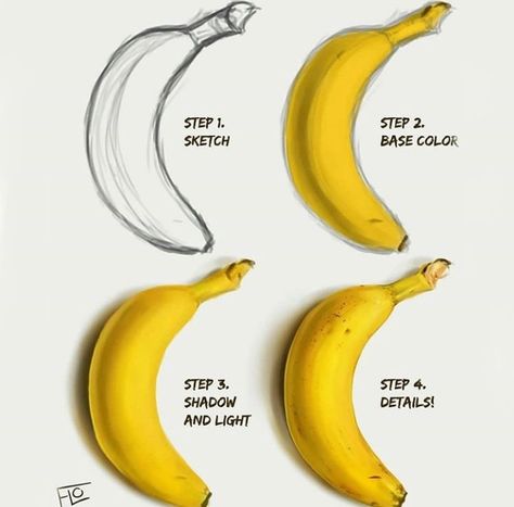 How to paint a banana Fruits Drawing, Výtvarné Reference, Seni 3d, Ipad Art, Digital Painting Tutorials, Color Pencil Art, Process Art, Realistic Drawings, Digital Art Tutorial