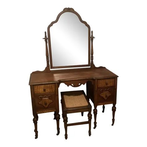 Antique Makeup Vanities, Console With Mirror, Antique Makeup, Sanctuary Decor, Vanity And Mirror, Mirror Sets, Walnut Vanity, Used Furniture For Sale, 1920s Makeup