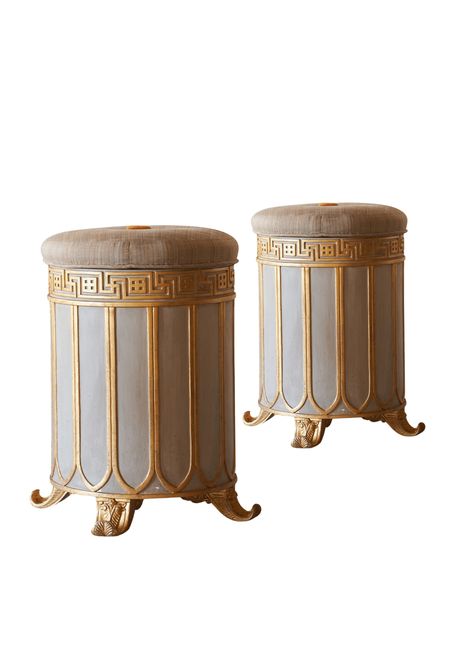 A pair of circular stools in the manner of other works at Brighton Pavilion. Stylised Greek key frieze and reverse Gothic arch on carved scroll feet. The inside of the gothic arch in an aged white gold leaf. The remaining gilding is in fully aged gold leaf. Available in two colours Greek Furniture, Greek Interior, Greek Interior Design, Greek Cafe, Brighton Pavilion, Gothic Arch, Gothic Furniture, The Gothic, Interior Designing