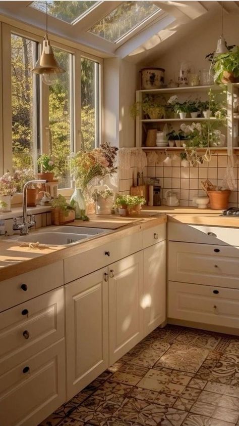 Cozy Cottage Kitchen Vintage, Sunny Kitchen Aesthetic, Cozy Bright Kitchen, Cozy Kitchen Aesthetic, Teen Room Furniture, Library Rooms, Cozy Nature, Home Library Rooms, Sunny Kitchen