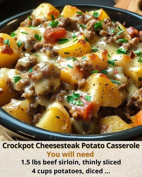 Ashely’s Recipes | Crockpot Cheesesteak Potato Casserole | Facebook Crockpot Cheesesteak, Shaved Steak, Easy Casserole Dishes, Beef And Potatoes, Beef Casserole Recipes, Diced Potatoes, Crockpot Recipes Slow Cooker, Beef Casserole, Easy Casserole