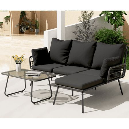 Bifanuo L-Shaped Outdoor Loveseat Sectional Set for Patio, Backyard, Porch with Thick Cushions, Detachable Lounger, Coffee Table Loveseat Sectional, Coffee Table Black, Outdoor Loveseat, Patio Backyard, Backyard Porch, Elegant Furniture, Furniture Outdoor, Garden Patio Furniture, Outdoor Sectional