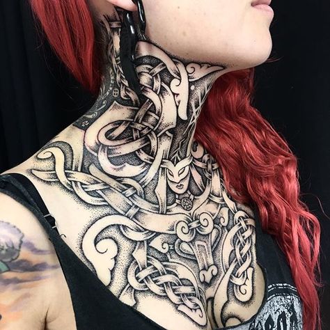 Session 3 done! Me and @deniseganuza still need to get the other side of the neck done, but we're making progress! The hole design is done in dots (pointillism) by machine as we don't have the time to do it by hand as she is visiting from Argentina, and it's the most painless method to do so much work in the time we have( and I believe this is how viking tattoos may have looked). @deniseganuza Is also a tattooist, and a very good one at that! Otherwise I wouldn't normally tattoo so high up th... Celtic Tattoo Designs, Throat Tattoo, Irish Tattoos, Knot Tattoo, Celtic Tattoo, Cool Chest Tattoos, Warrior Tattoos, Norse Tattoo, Nordic Tattoo