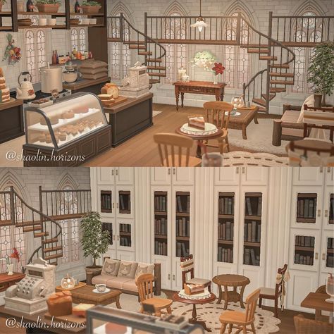 Library Room Design, Animal Crossing Cafe, Animal Crossing Cats, Cafeteria Design, Library Cafe, Cat Lounge, Animal Crossing Villagers, Cafe House, Cozy Cafe