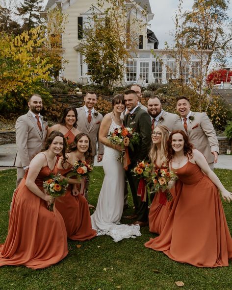 Autumn elegance at its finest! 🍂🍁 Maggie and Hayward celebrate their love surrounded by the rich hues of fall, with bridesmaids in stunning ‘Sierra’ dresses and groomsmen dashing in tan tuxedos. A perfect palette for a perfect day! #FallWeddingVibes ⁠
⁠📸 photographer @emileecarpenterllc⁠
👰 wedding dress: @maggiesotterodesigns⁠
🤵 tuxedo: @jimsformalwear⁠
👗 bridesmaids: @allurebridals⁠
⁠🏨 venue: @inntfalls⁠
#maggiesottero #bride #bridesmaids #tuxedo #tuxedorentals #allurebridals Fall Weddings Bridesmaids, Tan Tuxedo, Copper Bridesmaid Dresses, Taughannock Falls, Groom Colours, Fall Wedding Bridesmaids, Bridesmaid Colors, Fall Wedding Colors, Allure Bridal