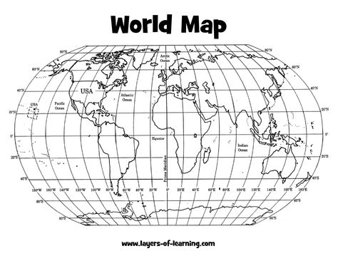 World Map with Latitude and Longitude Grid Latitude And Longitude Lines, Free Printable World Map, World Map Template, Blank World Map, Latitude And Longitude Map, Teaching Maps, Map Skills Worksheets, Geography Worksheets, Map Coordinates