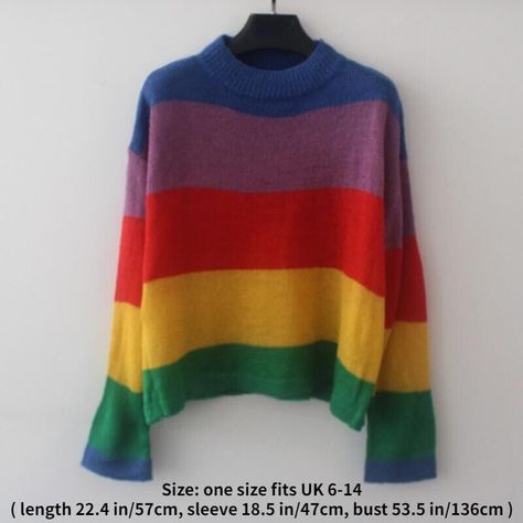 Lady Colorful Rainbow Sweater Striped Tops Knitted Pullover Jumper Loose Sweater Fold Sweaters, How To Fold Sweaters, Sweaters Aesthetic, Knits Sweaters, Aesthetic Sweaters, Striped Tops, Sweater Striped, Rainbow Sweater, Everyday People