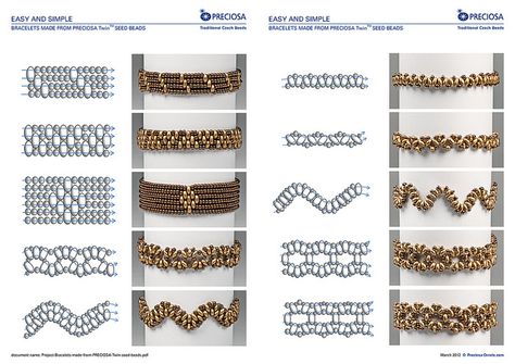 Project-Bracelets-made-from-PRECIOSA-Twin-seed-beads-3 by Preciosa Ornela, via Flickr Bead Stitching Patterns, Super Duo Beads, Twin Beads, Бисер Twin, Beadwork Tutorial, Super Duo, Jewerly Beads, Beading Techniques, Jewelry Making Tutorials