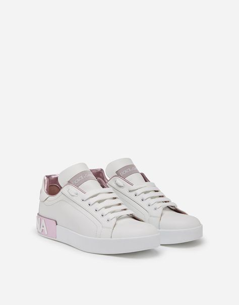 Calfskin nappa Portofino sneakers in White/Pink for Women | Dolce&Gabbana® Dolce Gabbana Sneakers, Kicks Shoes, Fresh Sneakers, Dolce Gabbana Shoes, Luxury Sneakers, Ideas Outfit, Pink Sneakers, Best Sneakers, Leather Collar