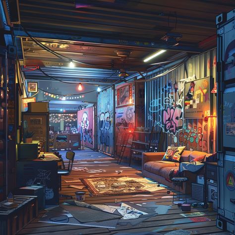 Dystopian House Concept Art, Dystopian City Art, Cyberpunk Set Design, Dystopian Interior, Post Apocalyptic Room, Dystopian Room, Dystopian Cyberpunk Aesthetic, Dystopian Apartment, Cyberpunk House Interior