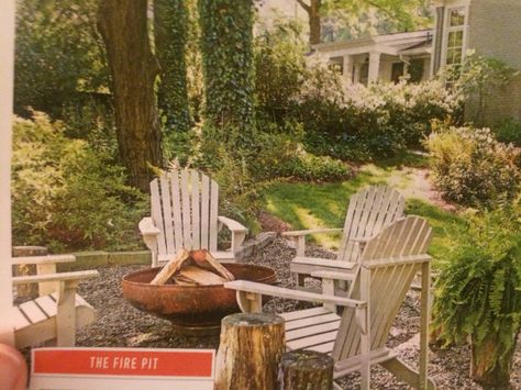 Under tree.  Southern Living Small Garden Design Fire Pit, Adirondack Chairs Fire Pit Seating Areas, Fire Pit Adirondack Chairs, Adirondack Fire Pit, Adirondack Chair Patio Ideas, Small Patio Area Ideas, Pea Stone Fire Pit Area, English Garden Fire Pit, Adirondack Chairs Patio Ideas