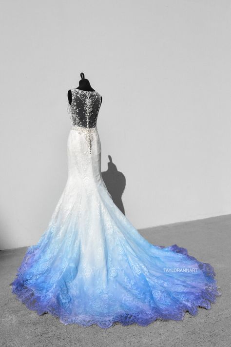 Taylor Ann Art Wedding Dress, Blue And Purple Ombre Wedding Dress, Ombre Wedding Dress Blue, Non White Wedding Dress Colour, Canvas Bridal, Dye Wedding Dress, Ombre Wedding Dress, Art Collab, Blue Wedding Dress