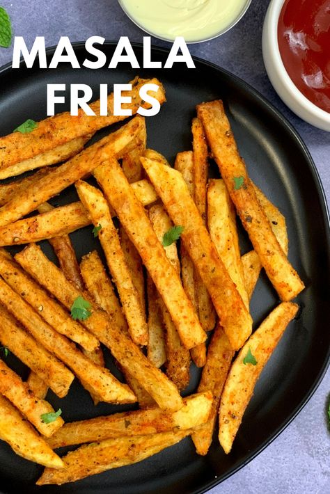 This Crispy Masala French Fries is an Indian style spicy Potato French Fries recipe that can be easily made at home by mixing thinly cut potatoes with corn starch and few spices and are deep fried until crisp.They are great to serve as an appetizer or with cocktails. Potato Snack Recipes, Veg Snacks Recipes, Potato Fry Recipe, Potato French Fries, Masala Fries, Street Food India, Potato Snack, Potato Fry, Vegetarian Platter