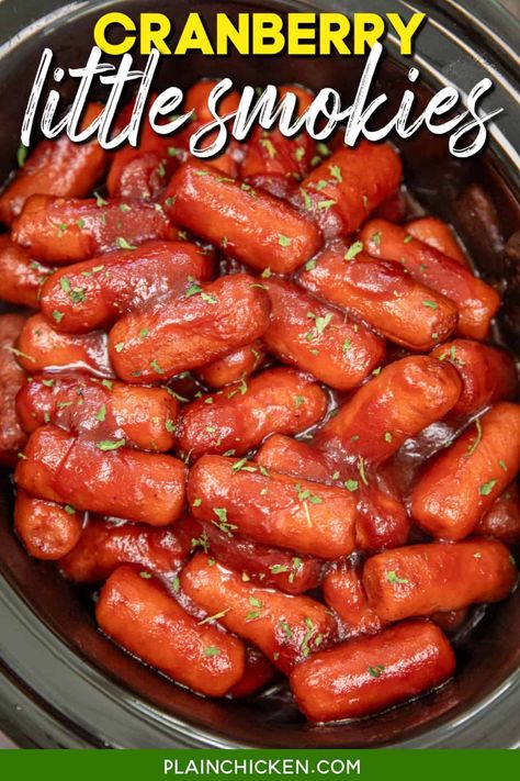 Cranberry Little Smokies Recipe - These bite-sized cocktail weenies are slow-cooked to perfection in a tantalizing blend of cranberry sauce and chili sauce. Sweet, tangy, and spicy, they're the ultimate party appetizer that will disappear in no time. They make a great appetizer for tailgating on game day, holiday gatherings, or any occasion where deliciousness is a must! Sausage Cocktail Recipes, Cranberry Lil Smokies, Lit'l Smokies Recipes Crock Pot, Cranberry Little Smokies, Cocktail Franks Appetizers, Cocktail Hotdogs Lil Smokies, Little Weiners Crockpot, Crockpot Weenies Lil Smokies, Crockpot Weenies