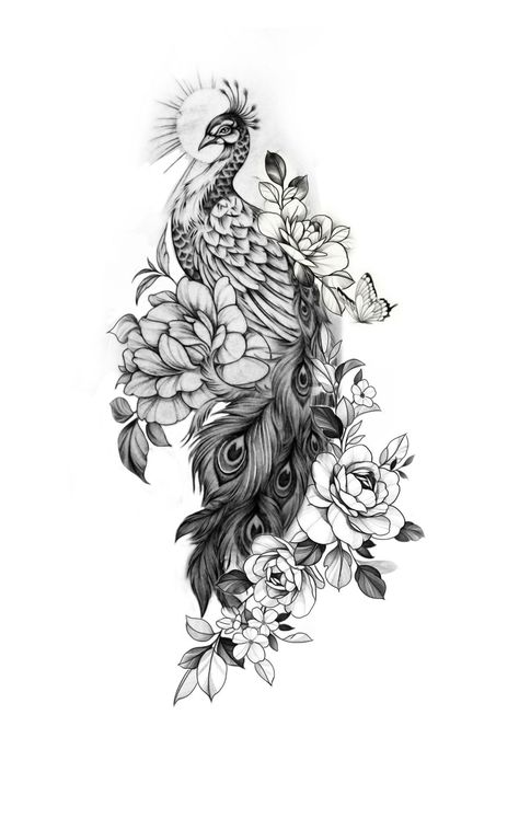 Peacock Tattoo Drawing, Large Peacock Tattoo, Elegant Animal Tattoos, Peacock Tattoo On Thigh, Peacock Wings Tattoo, Peacock With Flowers Tattoo, Peacock Tattoo With Flowers, Peacock Tattoo Stencil, Peacock Leg Tattoos Women