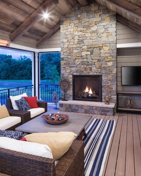 Idea Gallery | fireplaces.com Outdoor Wood Fireplace, Porch Design Ideas, Screened Porch Designs, Outdoor Gas Fireplace, Porch Fireplace, Farmhouse Ceiling Fan, Building A Porch, Rustic Porch, Farmhouse Fireplace