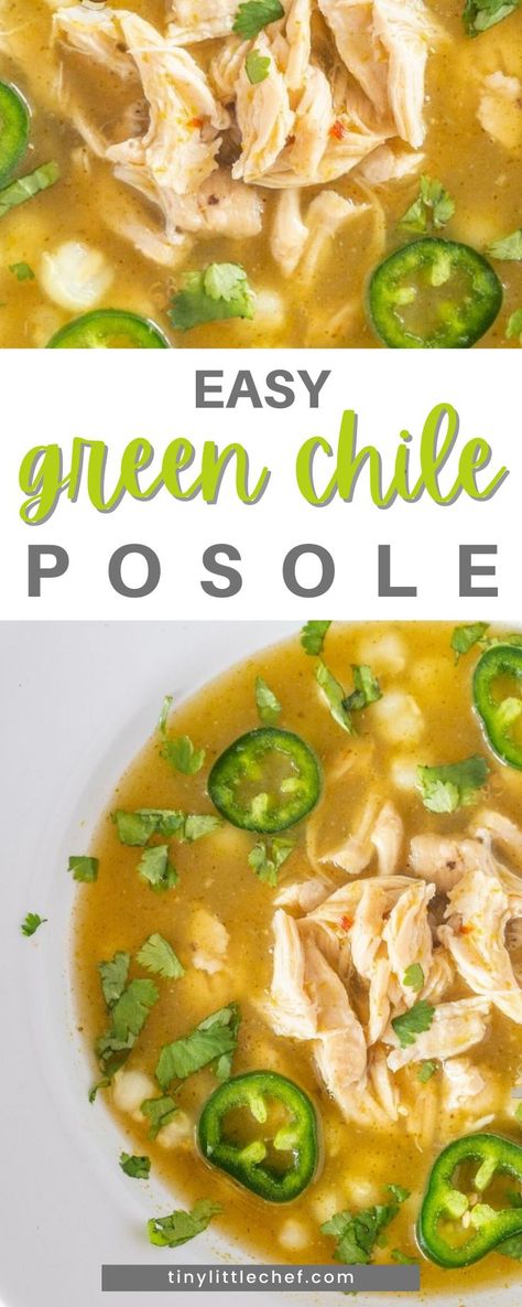 This easy green chile posole recipe is a staple in my home, and Posole in general is a staple throughout the Southwest and Mexico. Posole, which means “hominy”, is a traditional soup or stew from Mexico. It is made from hominy with meat, and can be seasoned and garnished with any variation of shredded lettuce, chile peppers, onion, garlic, radishes, avocado, salsa or limes. Green Chicken Posole Recipe, Green Chile Posole, Pasole Recipe, Posole Recipe Chicken, Posole Soup, Hominy Recipes, Posole Recipe, Pozole Recipe, Mexican Soup