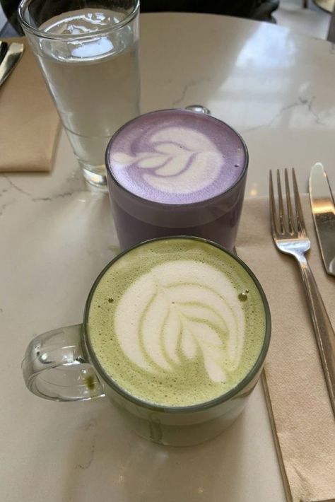 Aesthetic Matcha Latte, Starbucks Drink Ideas, Ube Latte, Matcha Latte Aesthetic, Aesthetic Matcha, Latte Aesthetic, Lavender Latte, Matcha Drink, Art Cafe