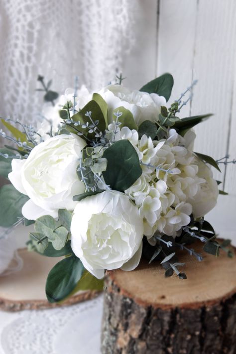 Bridal bouquet with white peony hortensia and eucalyptus White and green wedding bouquet Natural green bouquets for bride Fabric flowers White And Green Wedding Bouquet Peonies, Peonies Wedding Table, White And Green Wedding Bouquet, Bridal Bouquet Green, Green Bouquets, Bride Bouquets White, Eucalyptus Wedding Bouquet, White And Green Wedding, Dark Green Wedding