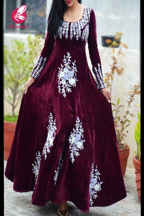 Shop Wine Velvet Padded Dabka Zardosi Handwork Floor Length Gown - Gowns Online in India | Colorauction Woollen Dresses Winter, Velvet Gown Indian, Velvet Dress Pattern, Party Wear Maxi Dresses, Velvet Kurti, Pakistani Dresses Party, Velvet Long Dress, Velvet Suit Design, Bridal Lehenga Online