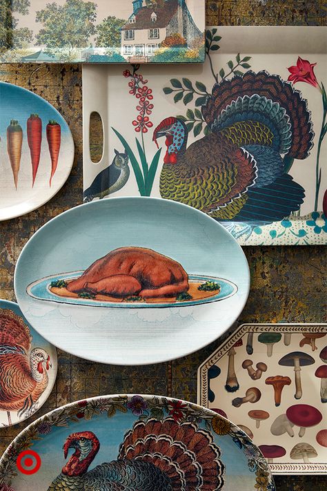 Thanksgiving is served, with these seasonally styled platters and trays from the John Derian for Target collection. Featuring turkeys, mushrooms and root vegetables, they’ll perfectly set the scene. John Derian Target, Traditional Thanksgiving Table, Thanksgiving Dining Room, Tom Turkey, Target Christmas, Autumnal Equinox, John Derian, Fall Thanksgiving Decor, Thanksgiving Table Decorations